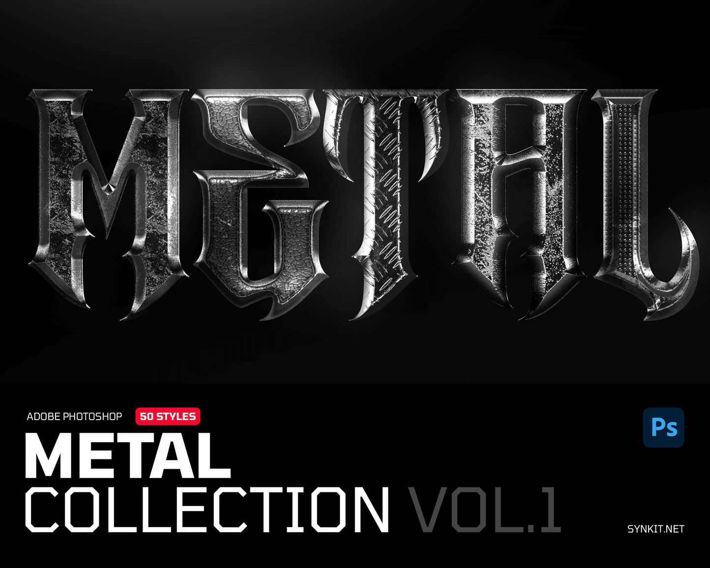Metal Collection Vol.1 | 50 Photoshop Layer Styles - Synkit