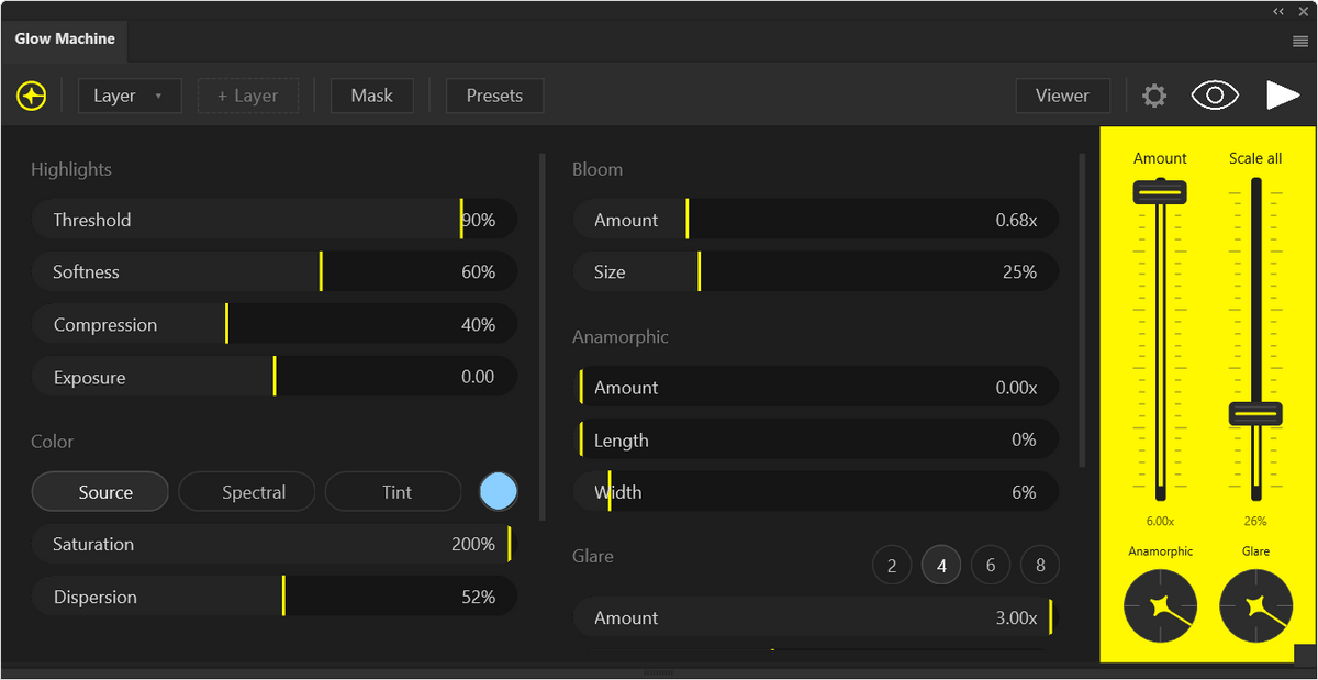 Glow Machine interface in the dark theme