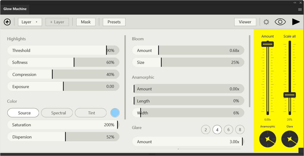 Glow Machine interface in the light theme