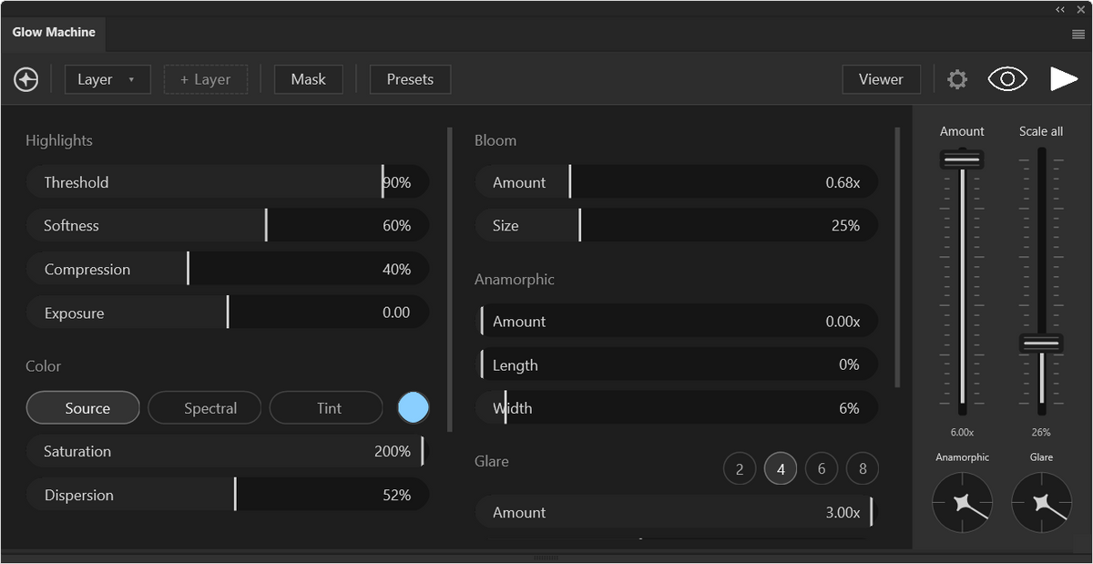 Glow Machine interface in the muted theme