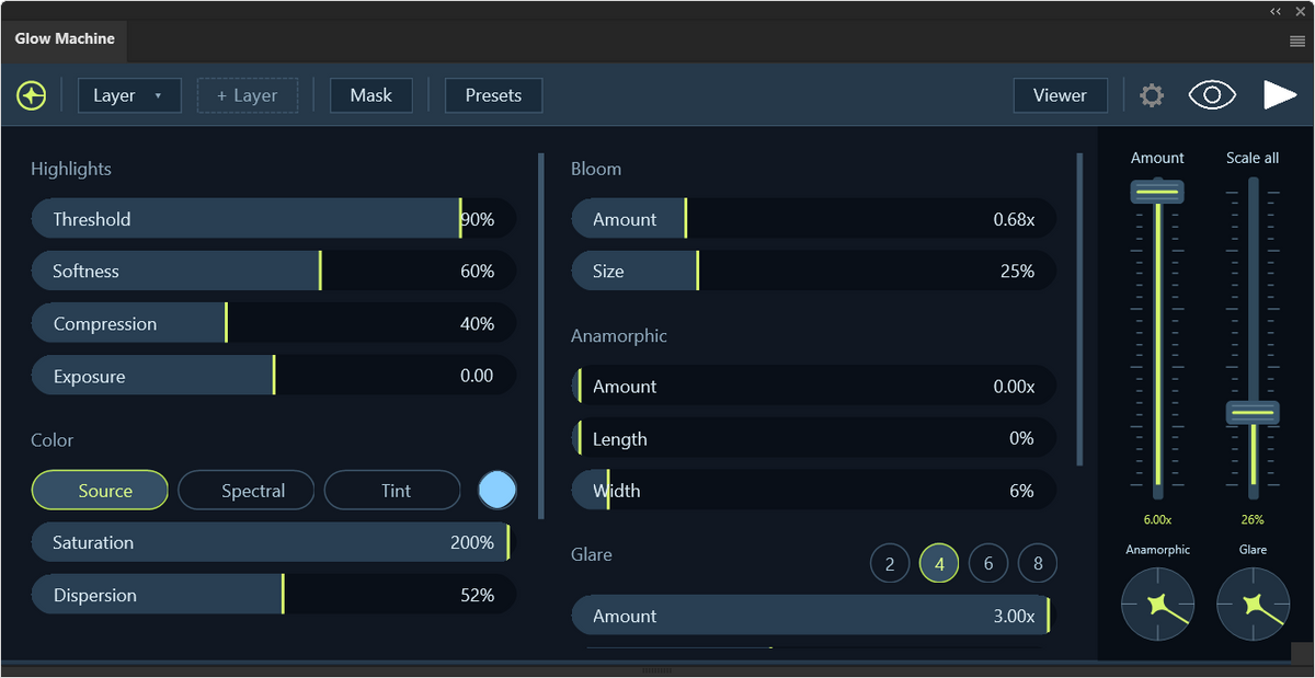 Glow Machine interface in the nightshift theme
