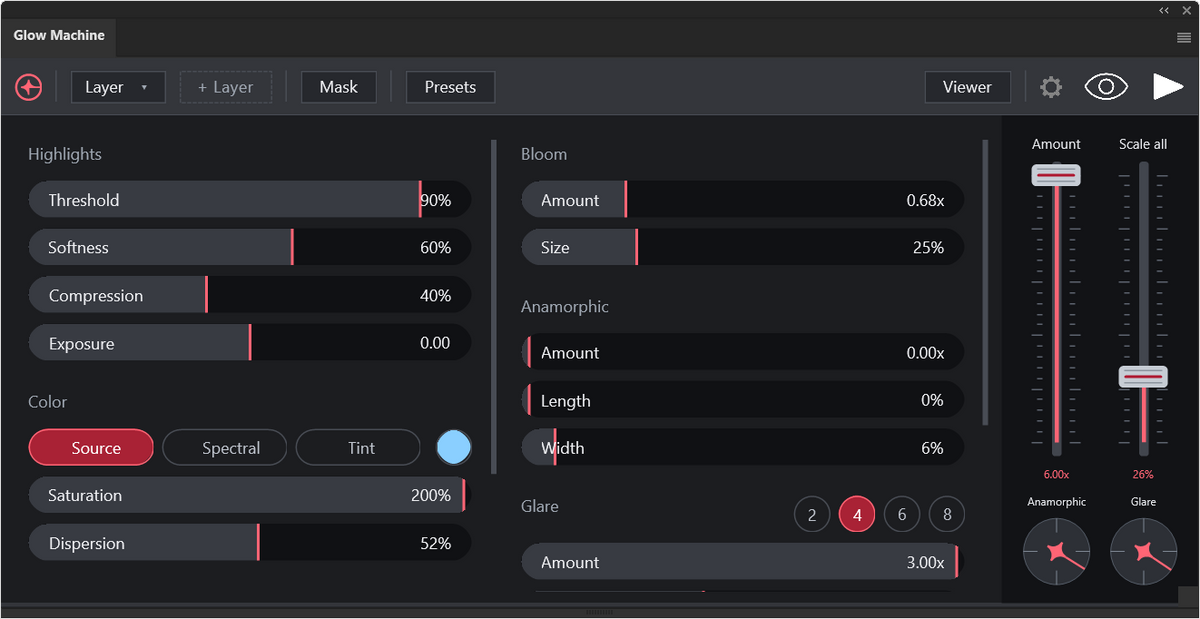 Glow Machine interface in the redline theme