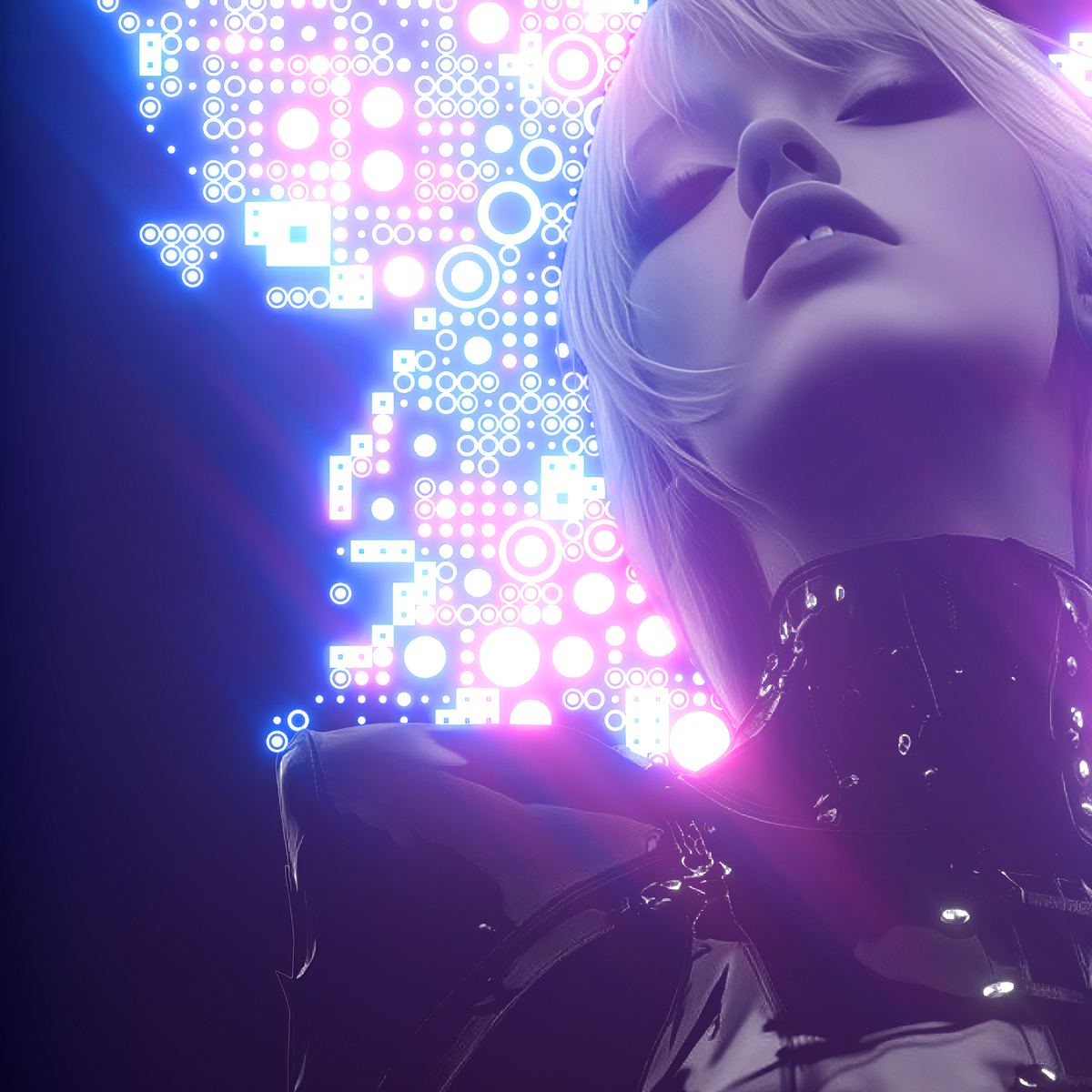 Cyan and violet bloom around the highlights of a fashion portrait