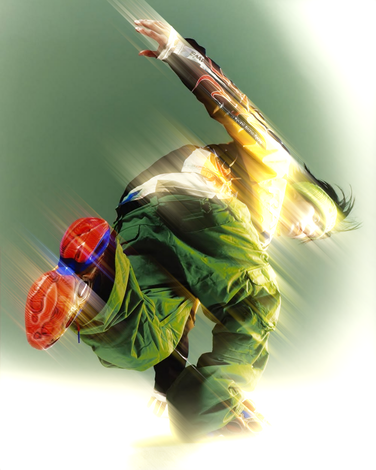 Directional yellow light streaks across an airborne dancer
