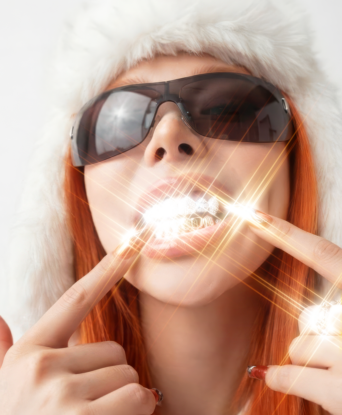 Star-shaped glints on jewelry in a warm fashion portrait