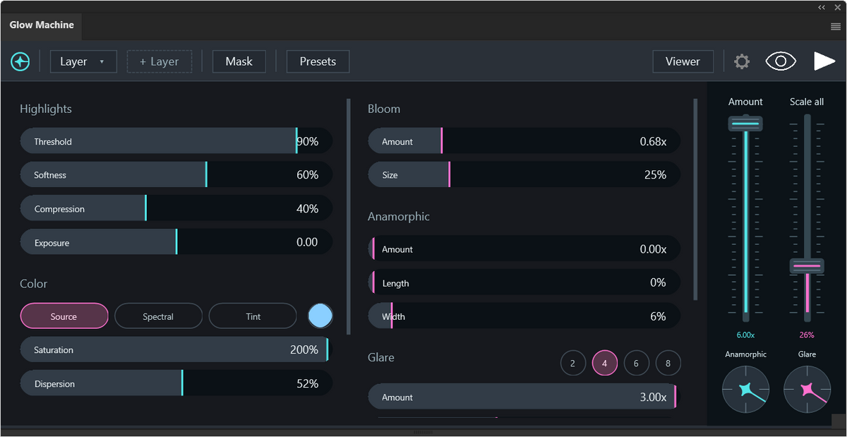 Glow Machine interface in the vice theme