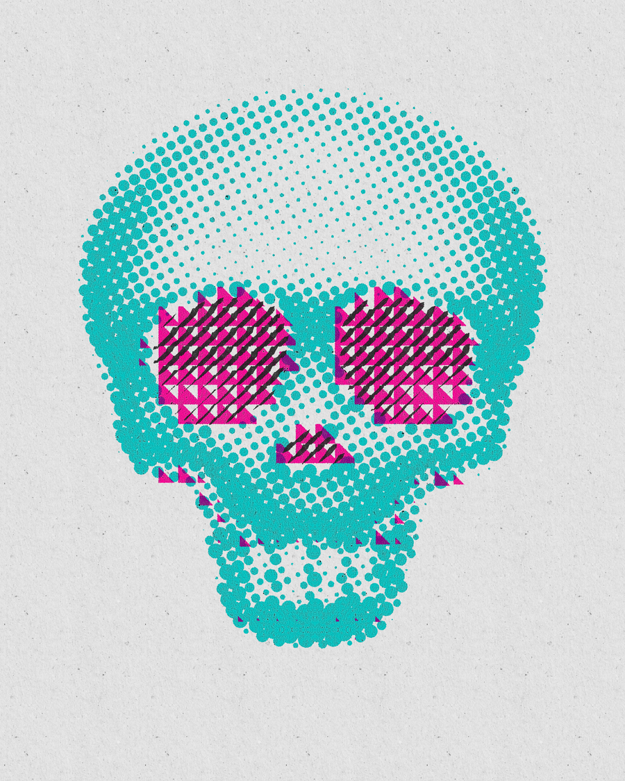 Two inks: A skull built from cyan and pink bands